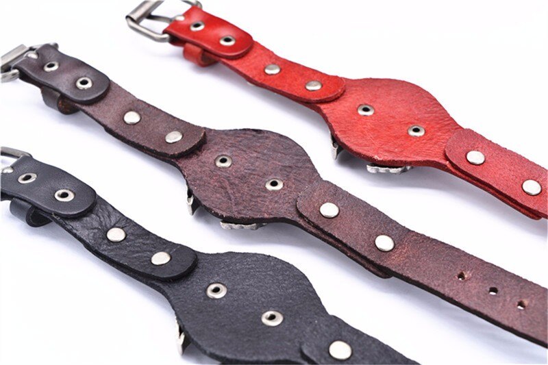 Colorful genuine leather bracelets in black, red, and brown with metallic snaps and buckles for a stylish biker look.