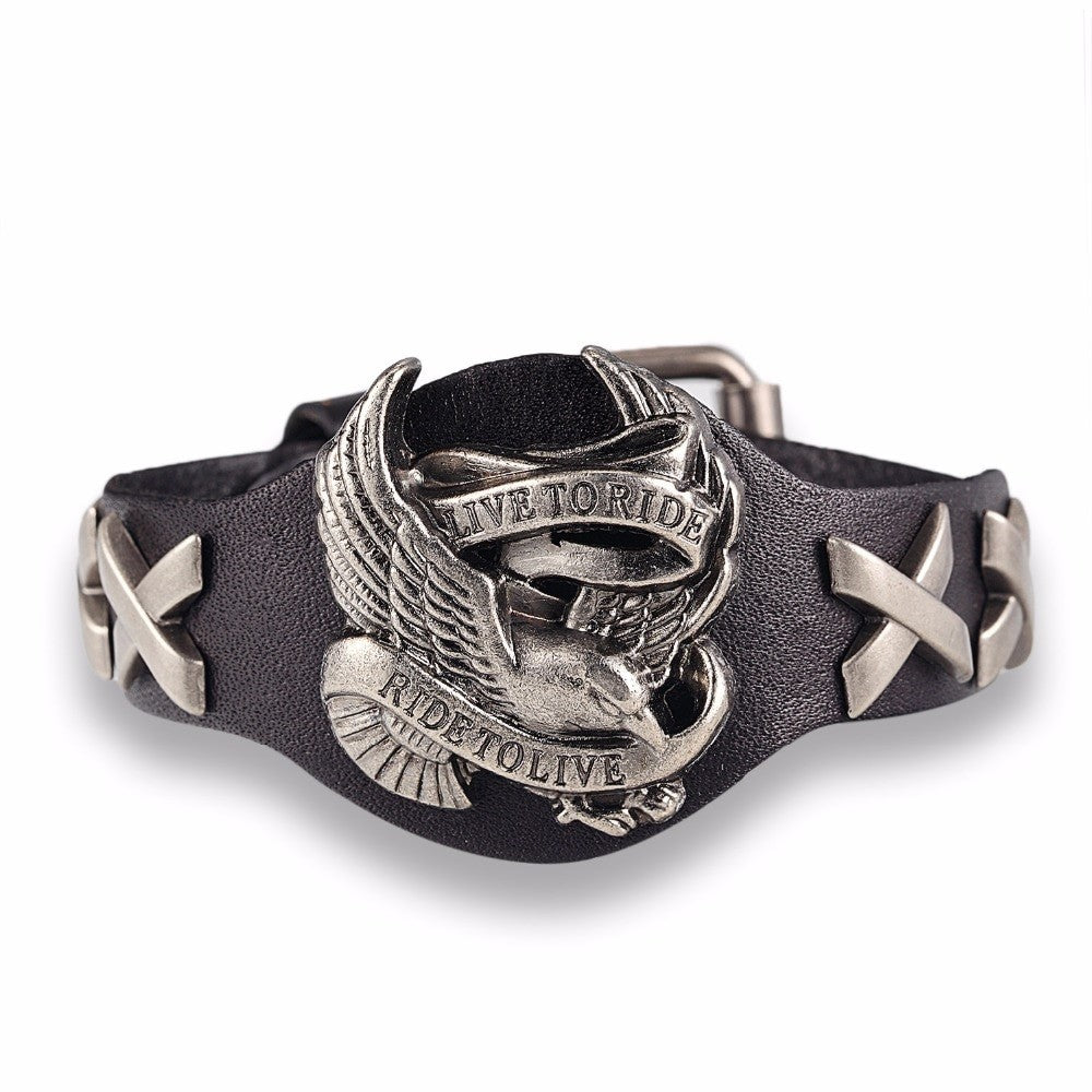 Live to Ride genuine leather bracelet with eagle design, perfect for bikers and alternative style enthusiasts.