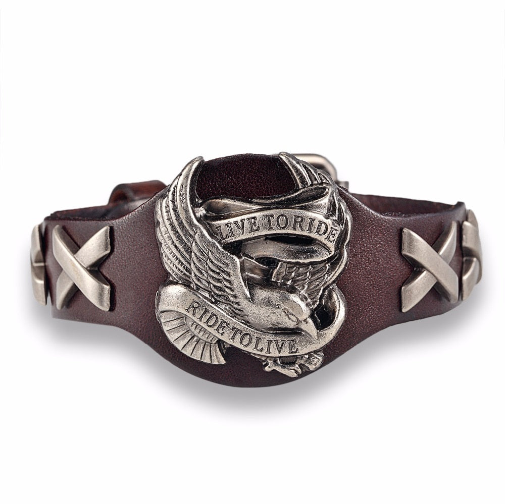 Live to Ride genuine leather bracelet featuring a soaring eagle and stylish punk rock design, perfect for men and women.