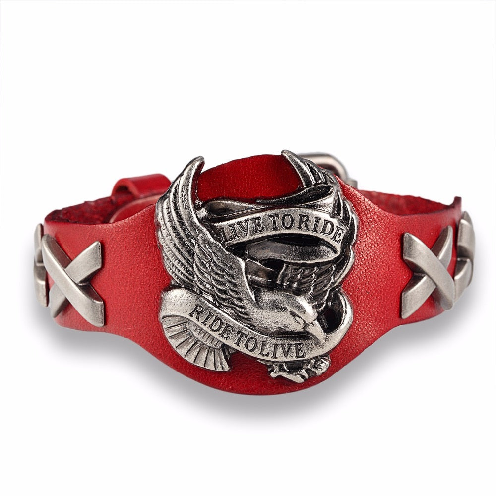 Live to Ride red leather bracelet with eagle design and 'Ride to Live' inscription for stylish bikers.