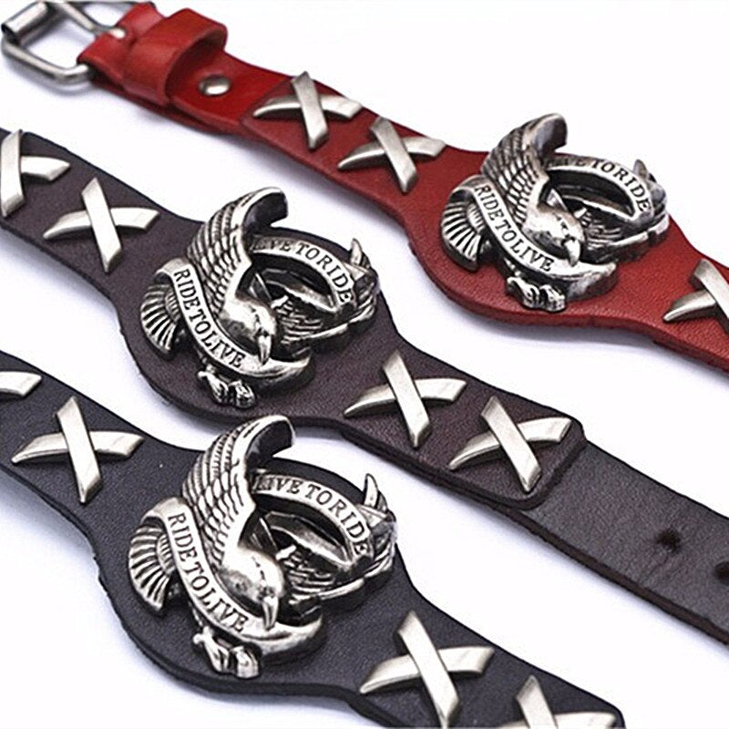 Live to Ride leather bracelets in black and red with eagle design and studs for a stylish biker look.