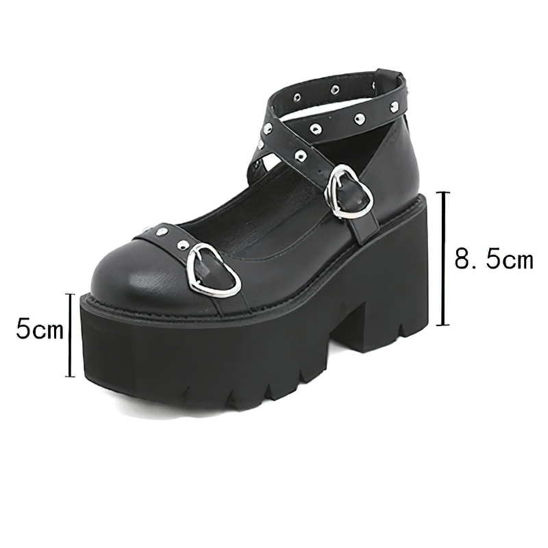 Stylish black platform Lolita shoes with heart buckle and studded straps, perfect for casual and cosplay outfits.