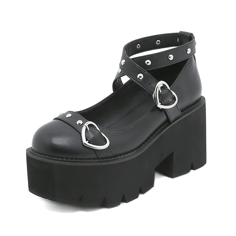 Stylish black platform Lolita shoes for women with heart buckle and cross straps, perfect for casual cosplay.