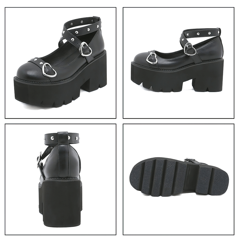 Stylish women's black platform Lolita shoes with heart buckles, perfect for casual outfits and cosplay.