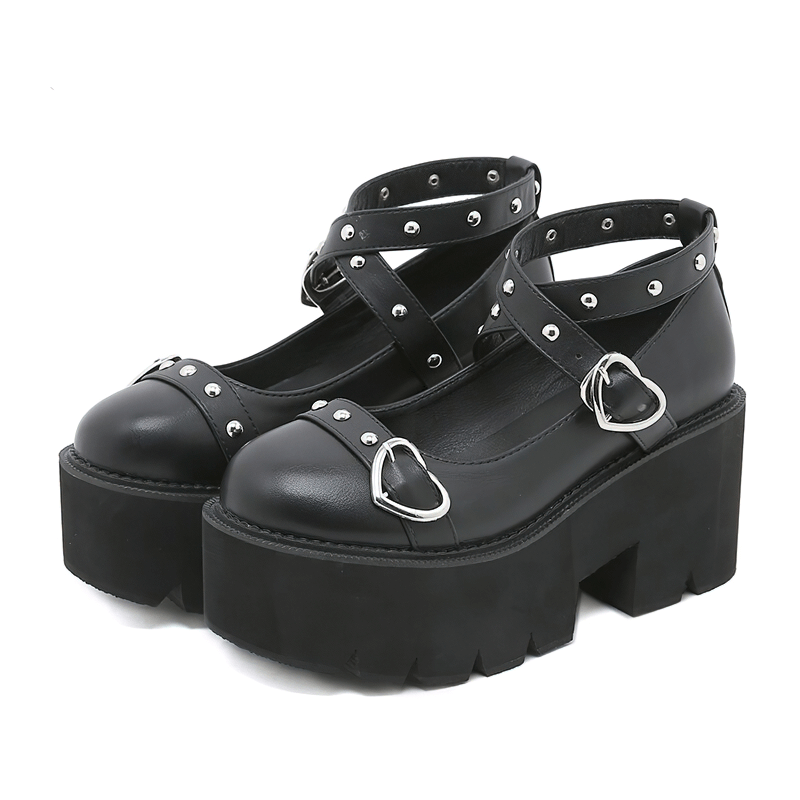 Stylish black platform Lolita shoes with heart buckle and studded straps for women