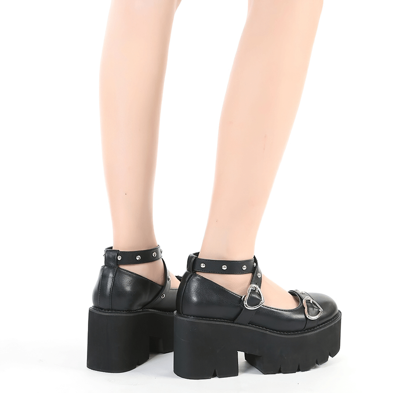 Black Lolita style platform round toe shoes with heart buckle and thick heel, perfect for casual wear or cosplay.