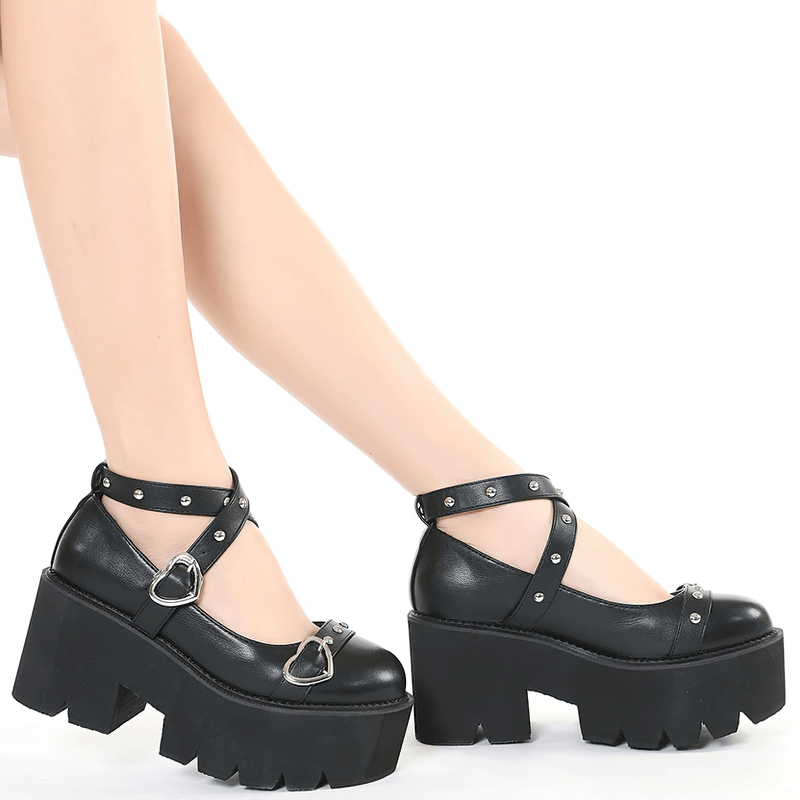 Stylish women's Lolita style platform shoes with heart buckle and thick heel, perfect for casual wear and cosplay.