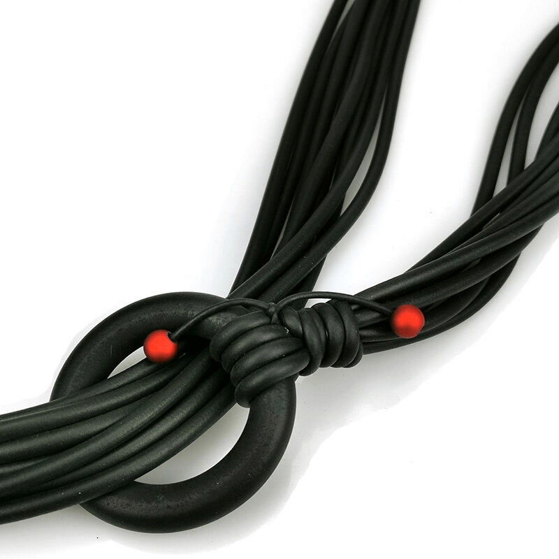 Long adjustable gothic necklace with red beads, handmade from rubber, featuring a unique knot design.