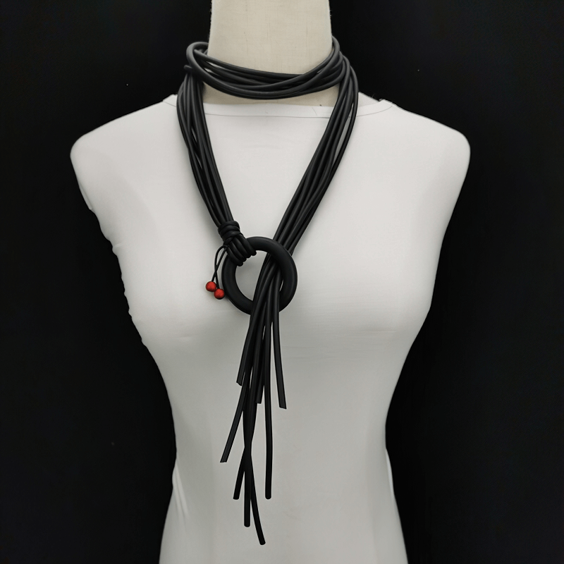 Gothic adjustable long necklace for women featuring red beads and unique rubber design, perfect for stylish outfits.