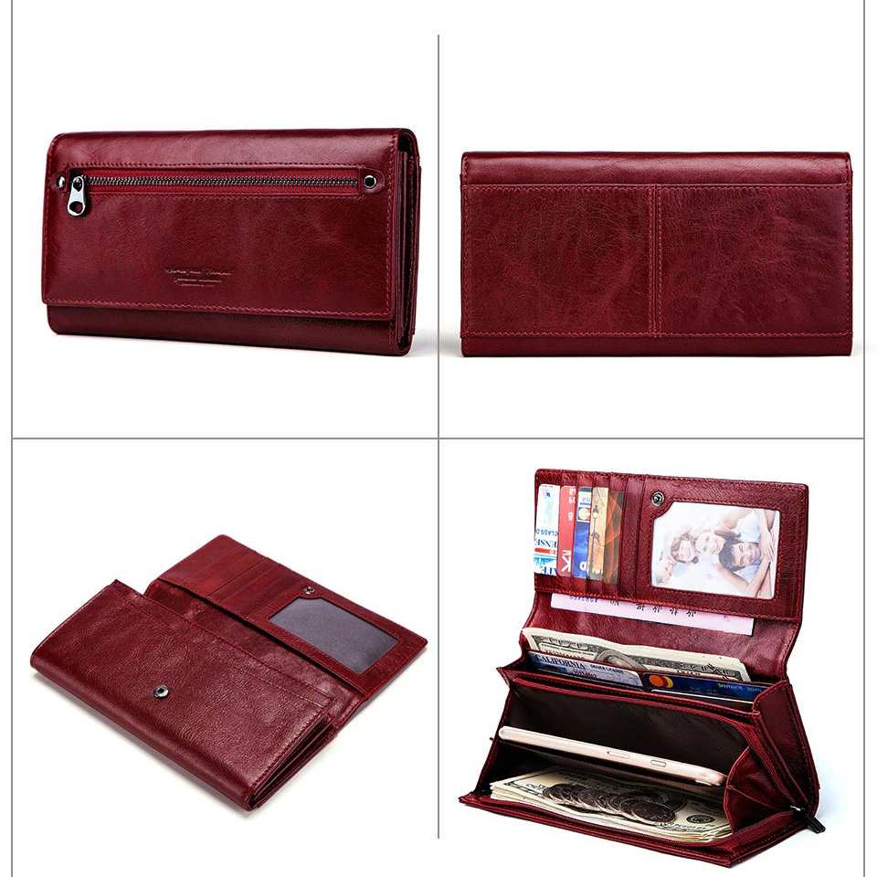 Stylish long purse wallet in burgundy leather with phone pocket and multiple compartments for cash and cards.