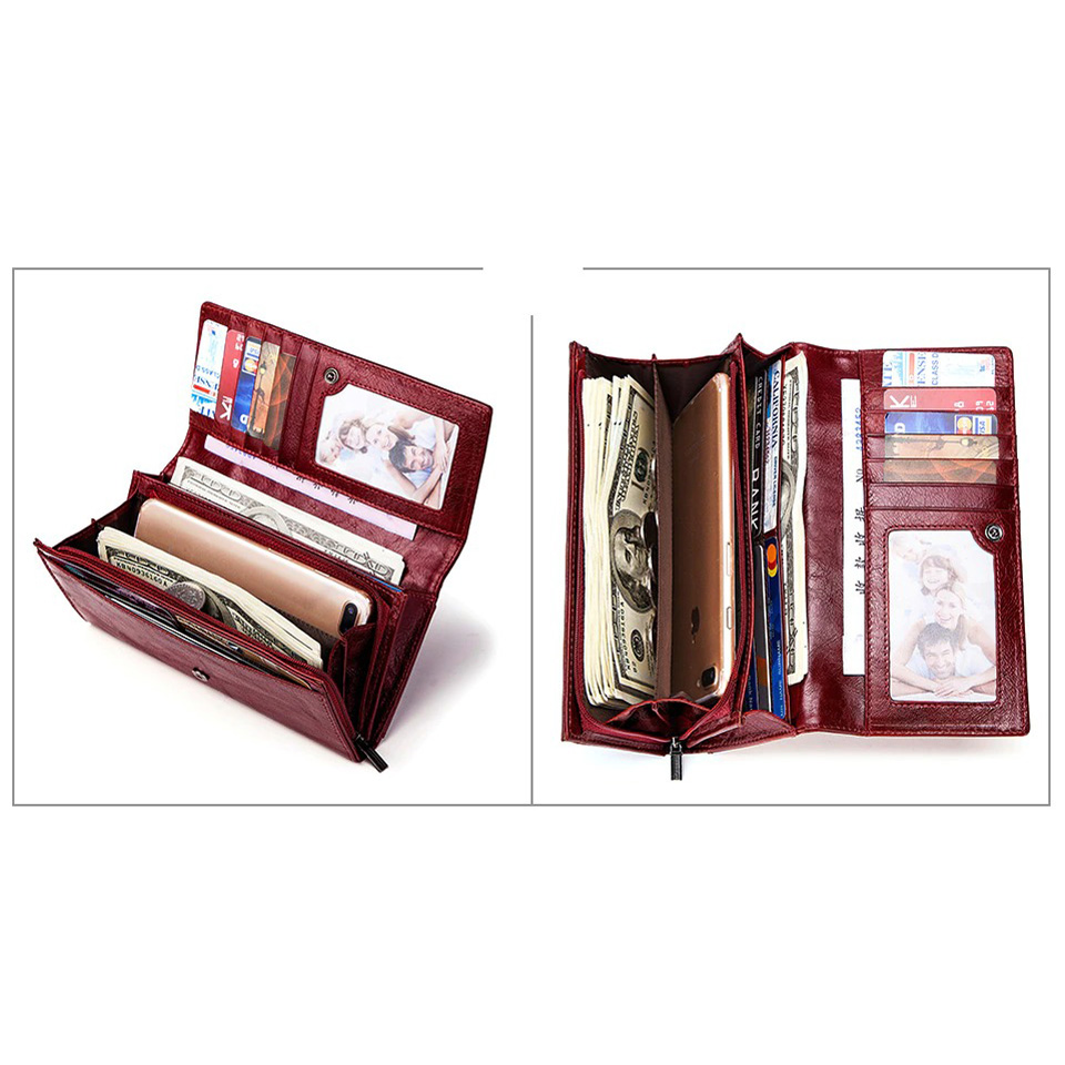 Luxury genuine leather wallet featuring multiple card slots, a phone pocket, and ample space for cash and photos.