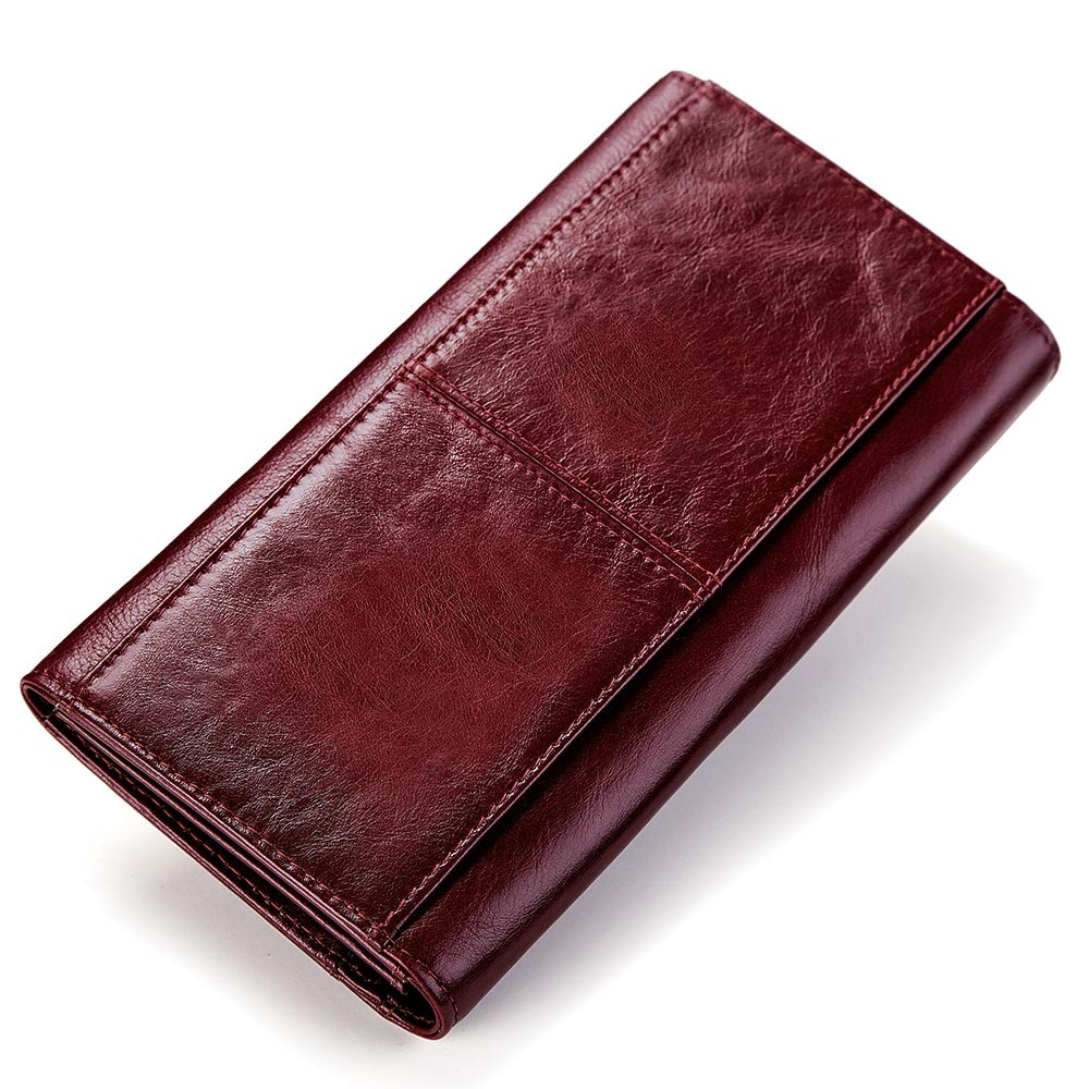 Luxury genuine leather long purse in burgundy with phone pocket, perfect for stylish women's outfits.