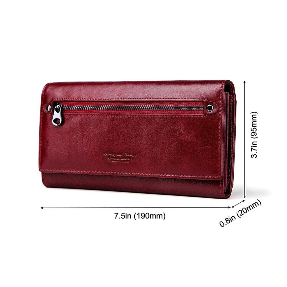 Luxurious long purse for women in red genuine leather with zip pocket, showcasing stylish design and practical dimensions.