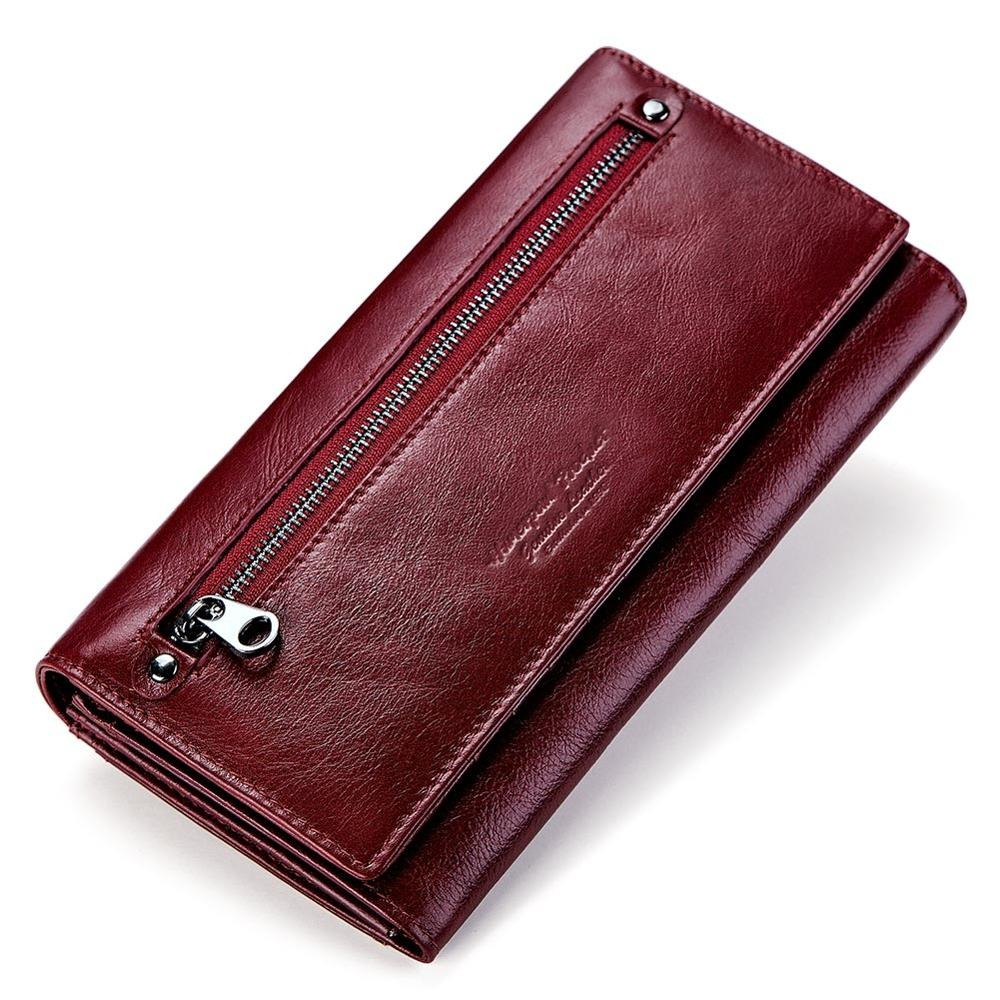 Luxury genuine leather long purse wallet in burgundy with zipper pocket for phone and essentials.