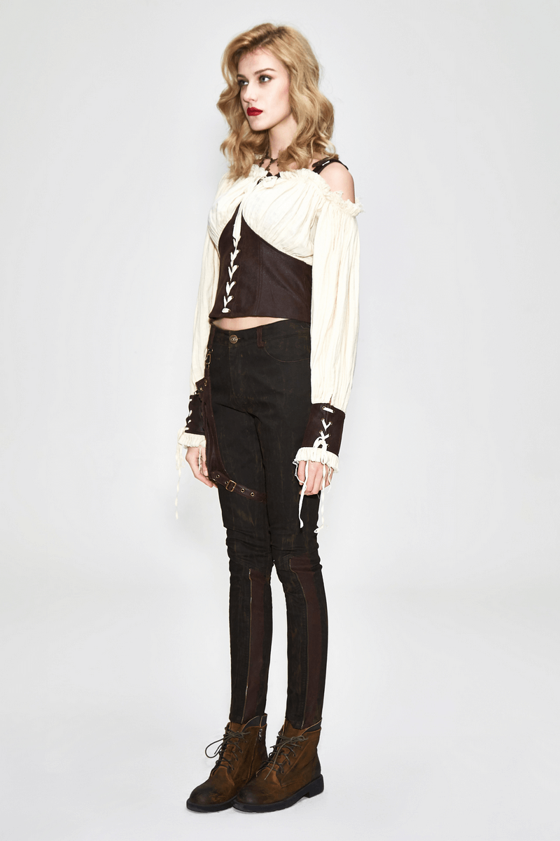 Long Sleeve Beige Blouse with Lacing in Front / Sexy Off One Shoulder Women Shirt - HARD'N'HEAVY