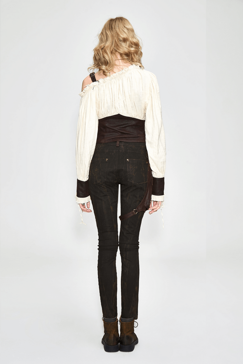 Long Sleeve Beige Blouse with Lacing in Front / Sexy Off One Shoulder Women Shirt - HARD'N'HEAVY