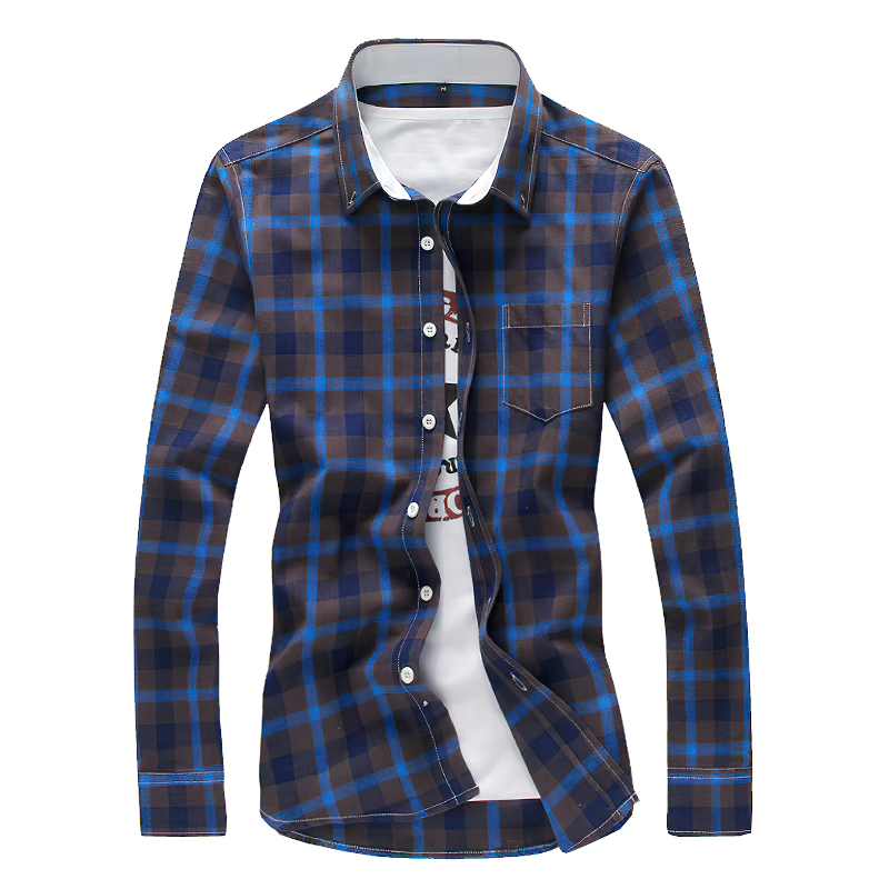 Men's long sleeve casual shirt in blue and black plaid pattern with turndown collar for stylish streetwear looks.