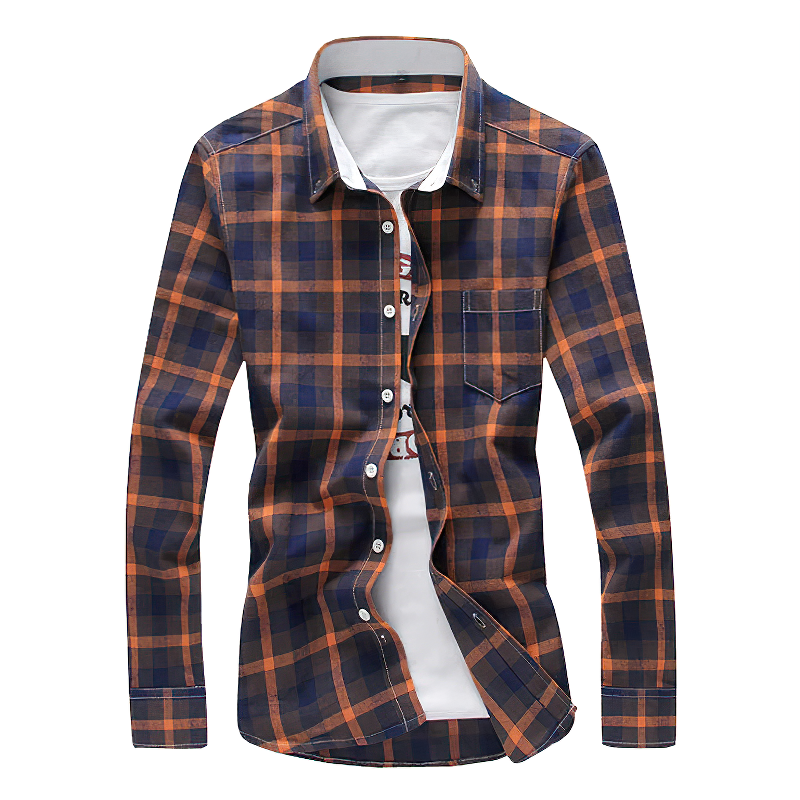 Men's long sleeve casual shirt in navy and orange plaid with turndown collar, perfect for a stylish streetwear look.