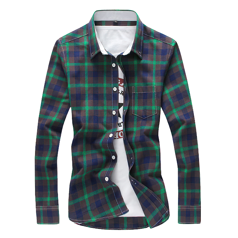 Long sleeve casual shirt for men in navy and green plaid design with turndown collar, perfect for streetwear style.