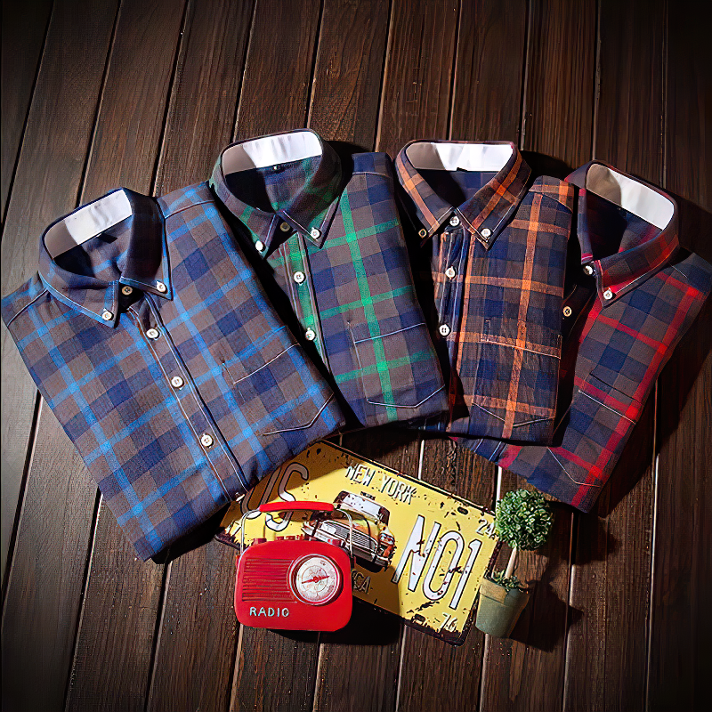 Colorful long sleeve casual shirts for men, featuring turndown collars in blue, green, orange, and red plaid designs.