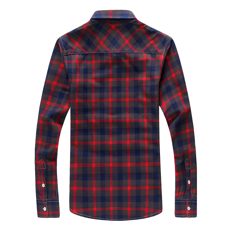 Back view of a long sleeve casual men's shirt in a stylish red and navy plaid pattern with a turn-down collar.