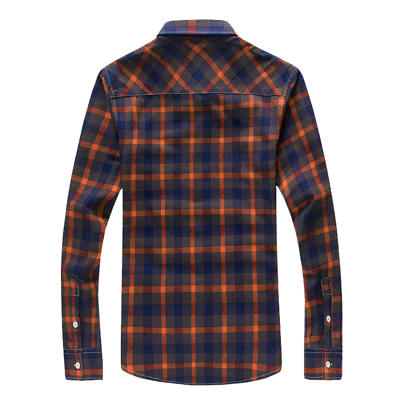 Back view of a long sleeve casual men's shirt with orange and blue plaid pattern, featuring a turndown collar.