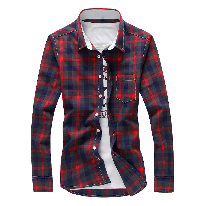 Long sleeve plaid casual shirt for men with turndown collar in red and navy blue, perfect for a trendy streetwear look.