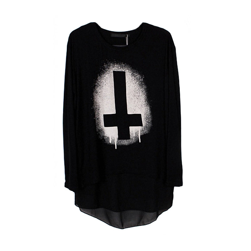 Loose irregular long sleeve women's gothic sweater with unique print and comfortable fit.