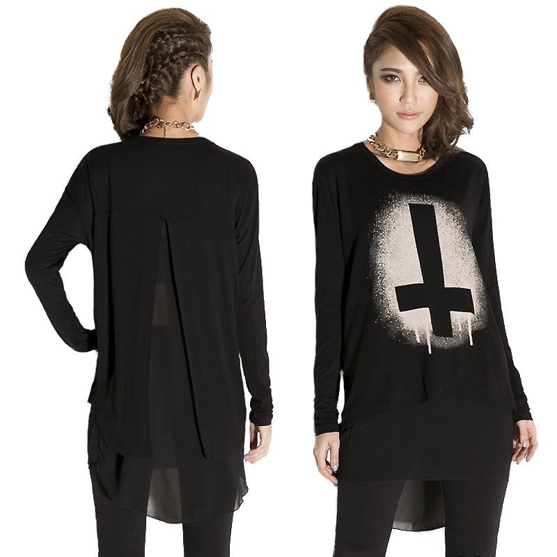 Long sleeve women's black chiffon top with original print, featuring an o-neck and loose fit for comfy style.