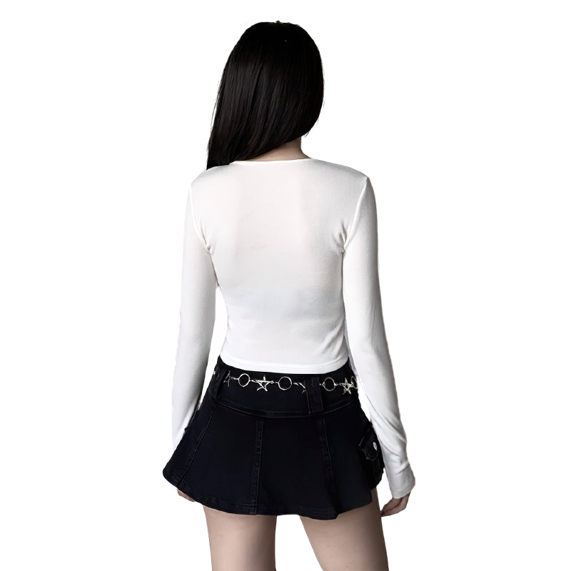 Long Sleeve Gothic Crop Tops / Punk Bodycon Women T-shirts / Lady Solid Black White Top - HARD'N'HEAVY