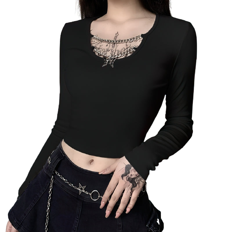 Long Sleeve Gothic Crop Tops / Punk Bodycon Women T-shirts / Lady Solid Black White Top - HARD'N'HEAVY
