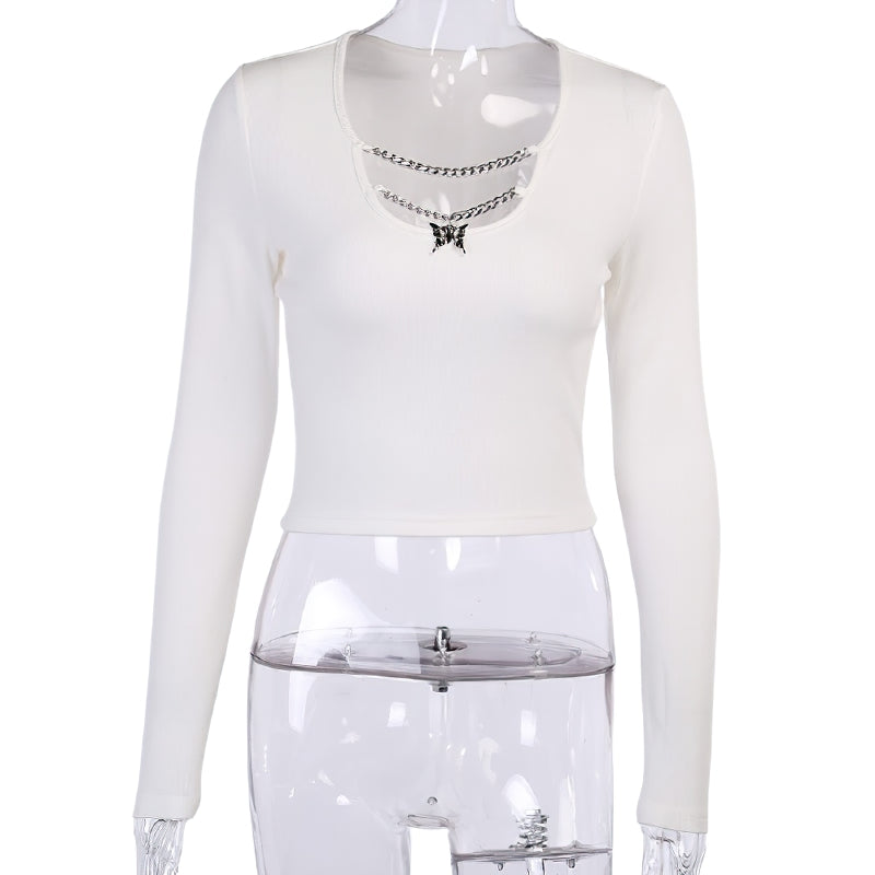 Stylish long sleeve white gothic crop top for women with decorative chain and keychain accent.