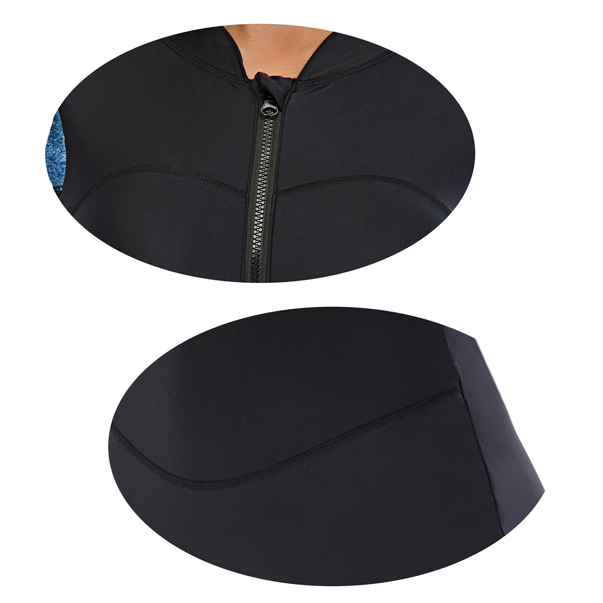 Close-up details of a long sleeve one-piece women's swimsuit with zipper and smooth fit for optimal comfort.