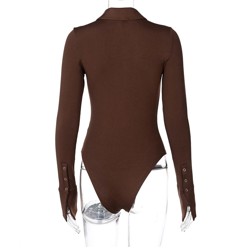 Back view of a brown long sleeve one-piece romper with buttons, showcasing a stylish and casual women's jumpsuit.