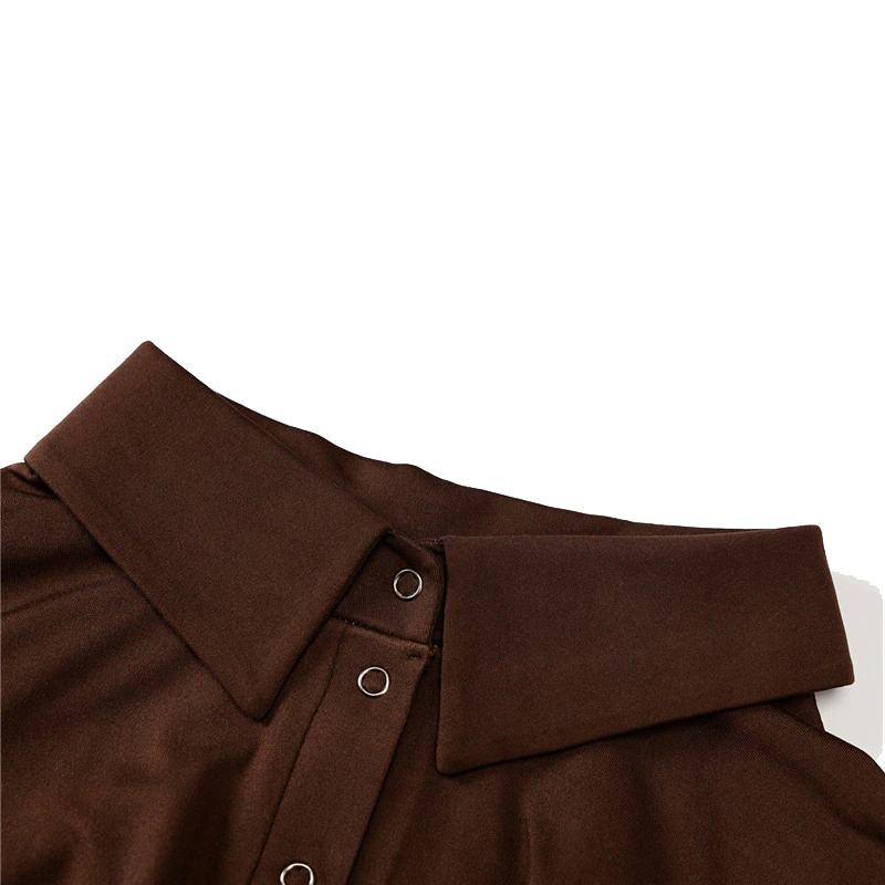 Close-up of a brown long sleeve collar and button detail on a women's casual jumpsuit.
