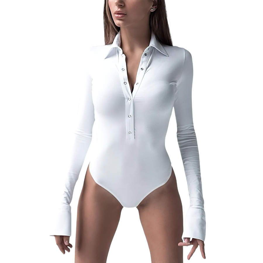 White long sleeve bodysuit with buttons, offering a casual yet stylish look for women's jumpsuit clothing.