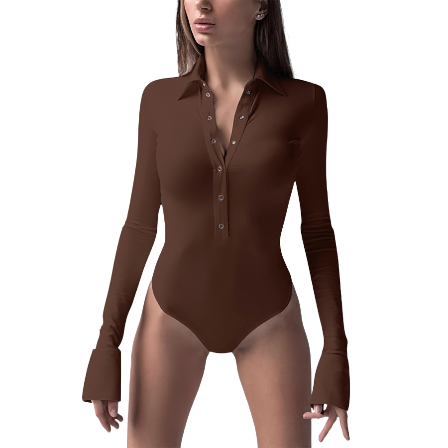 Long sleeve brown one-piece romper with buttons, stylish women's jumpsuit for casual and chic looks.