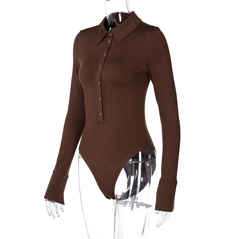 Brown long sleeve one-piece romper with collar and buttons, perfect for casual stylish looks.