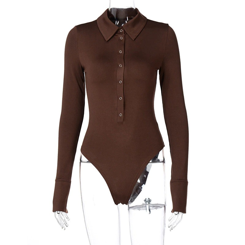 Brown long sleeve one-piece romper with buttons for women, perfect for casual and stylish outfits.
