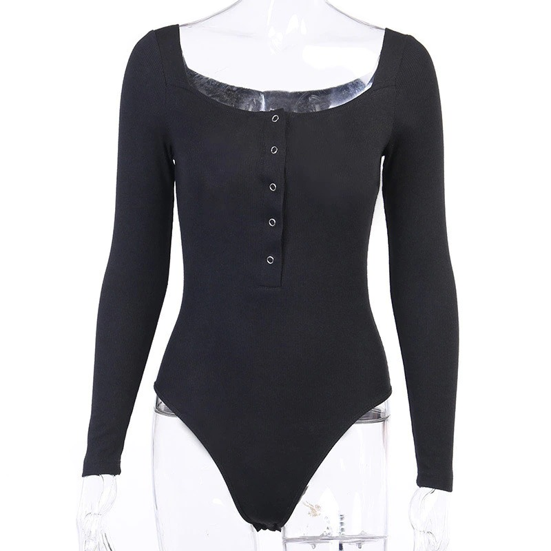Long Sleeve Ribbed Women Bodysuit / Sexy Elegant Jumpsuit with Buttons - HARD'N'HEAVY