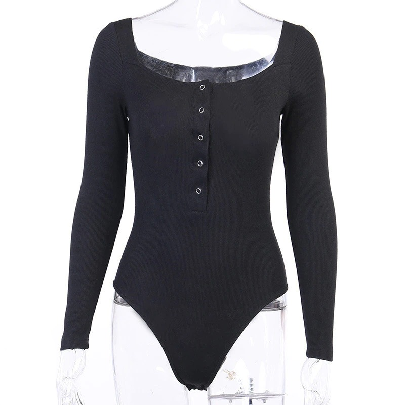 Long sleeve black ribbed women's bodysuit with front buttons, perfect for sexy rock and goth outfits.