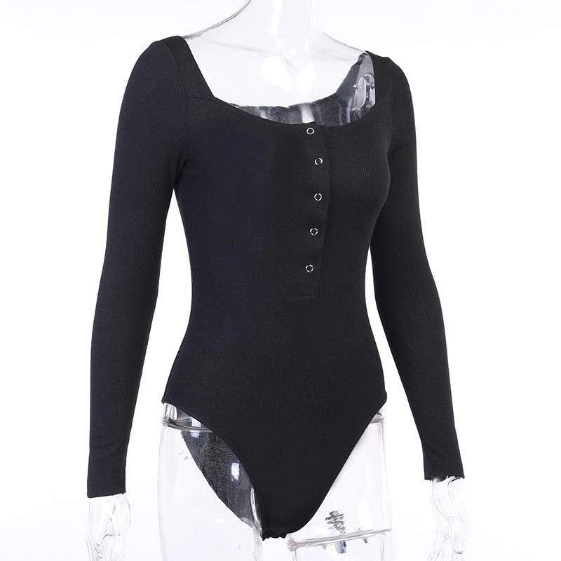 Long sleeve ribbed black bodysuit with buttons, perfect for stylish and sexy outfits.