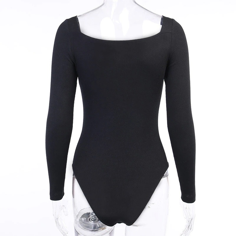 Back view of a sexy long sleeve ribbed black bodysuit for women, perfect for rock or goth outfits.