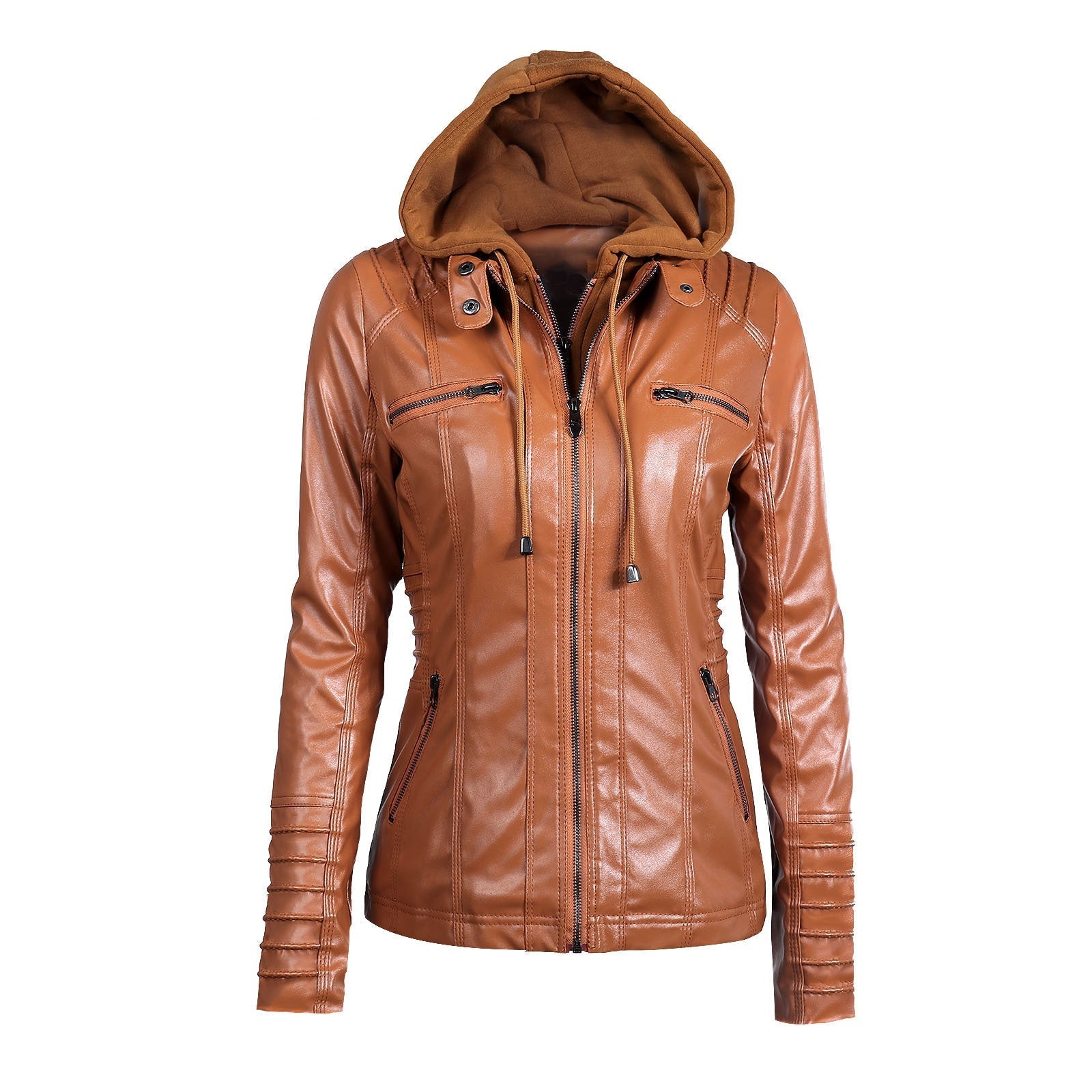 Stylish women's long-sleeved hooded biker jacket in brown, featuring multiple zippers and a comfortable fit.