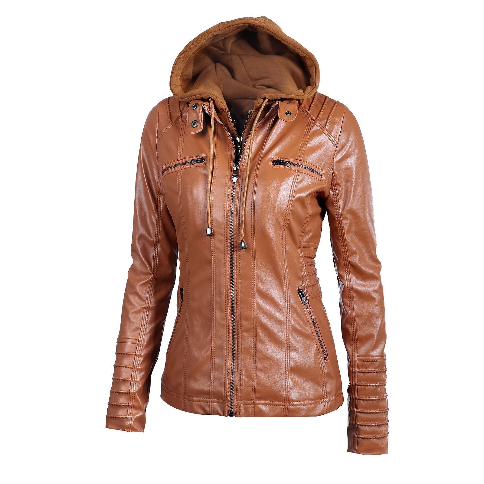 Stylish women's long-sleeved brown leather biker jacket with hood and multiple zippers for practical comfort.