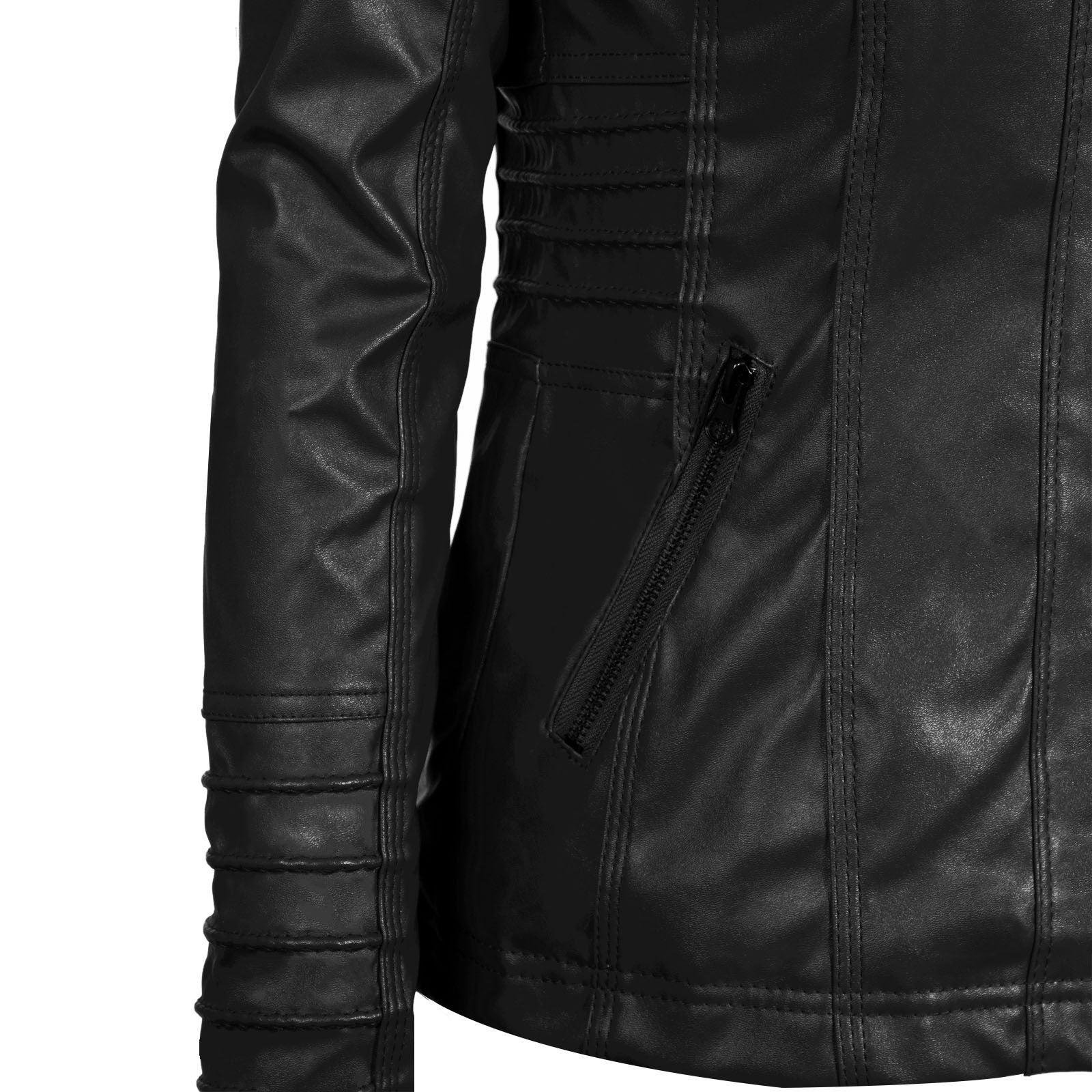 Close-up of women's long-sleeved leather jacket featuring stylish zippers and textured sleeves.