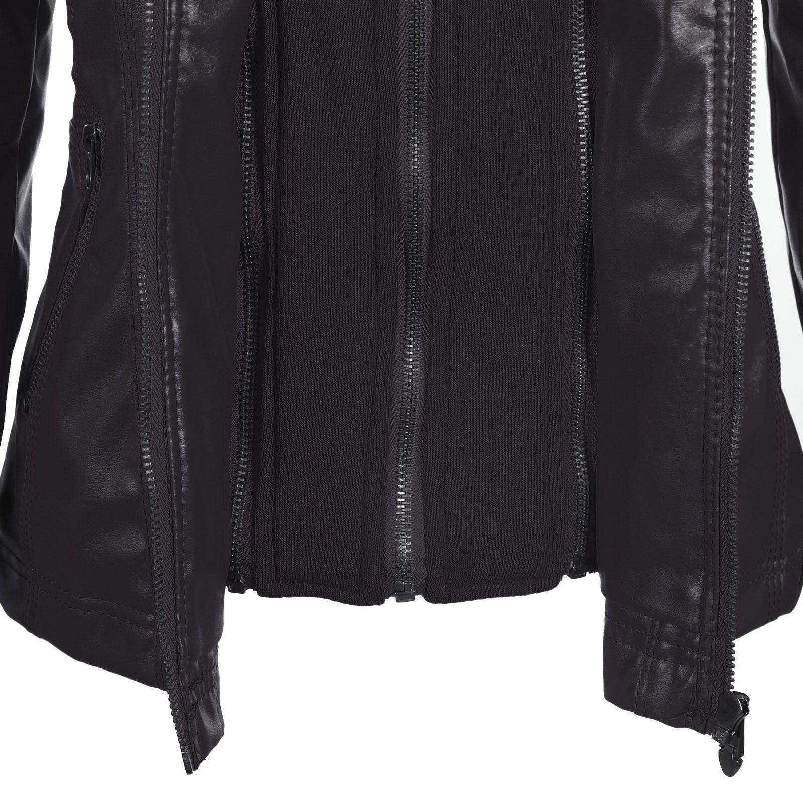 Inside view of a women's long-sleeved hooded biker jacket with multiple zippers and a sleek black finish.