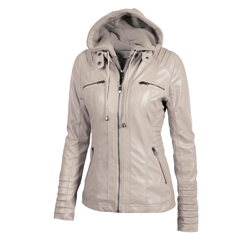 Stylish women's long-sleeved hooded biker jacket in beige with multiple zippers for a modern look.