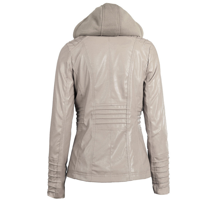 Back view of women's long-sleeved hooded leather jacket with zippers, stylish and practical for bikers.