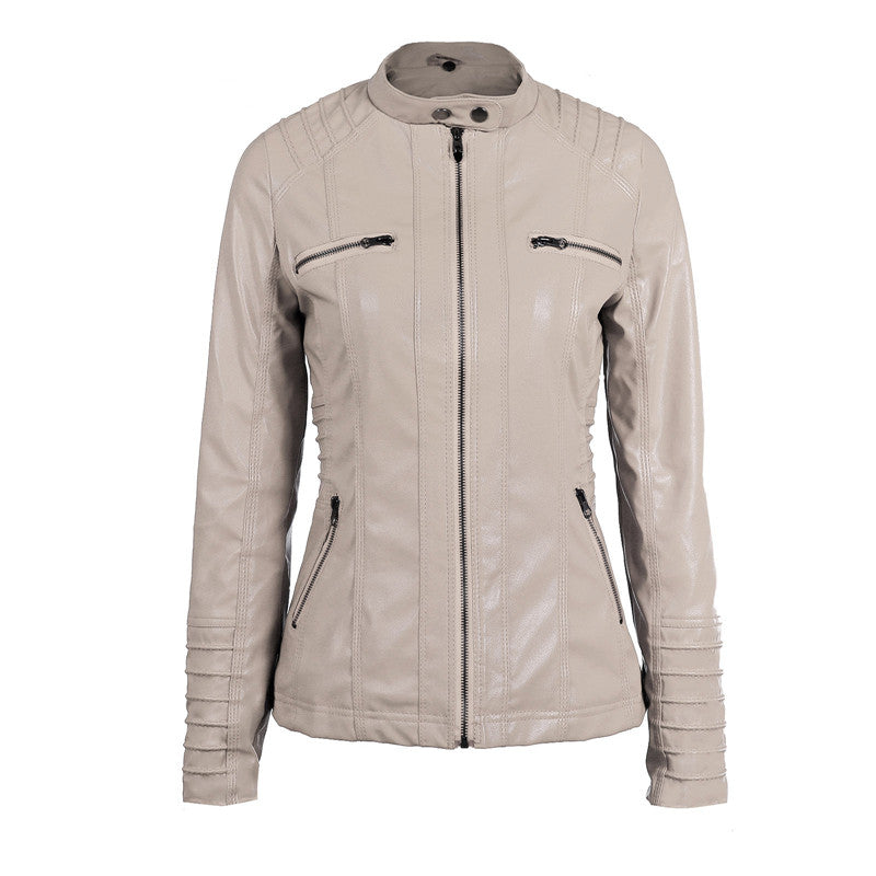 Stylish women's long-sleeved hooded biker jacket in beige with zippers, perfect for a trendy look.